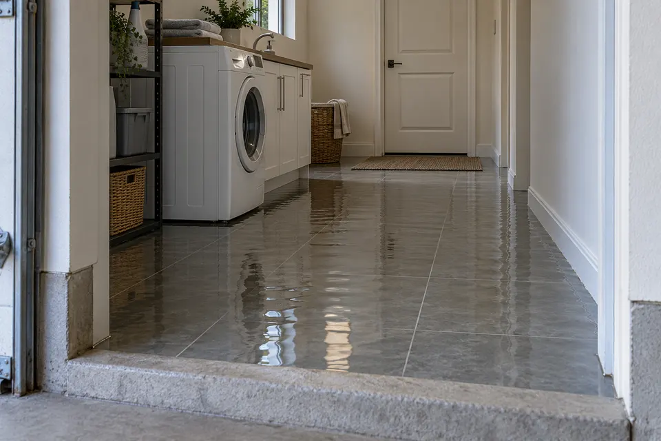 Generated illustration of standing water in a residential hallway.
