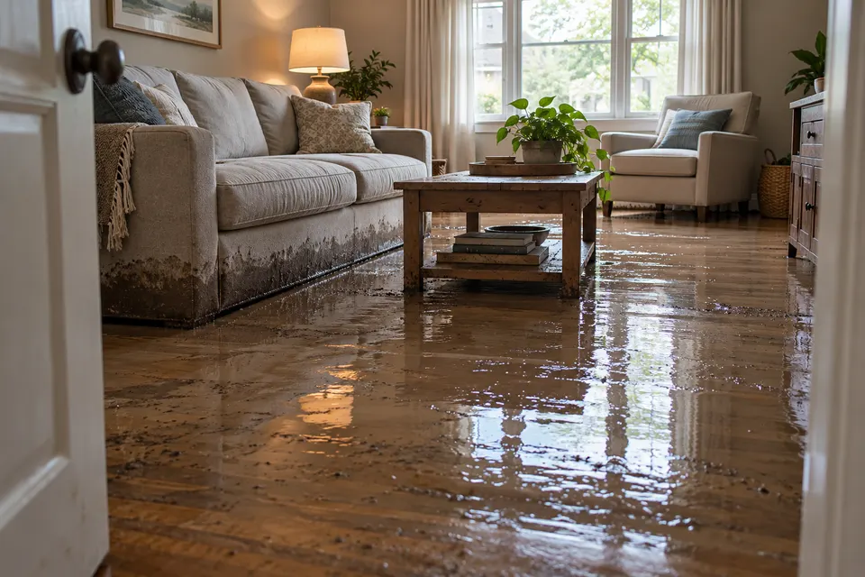 Generated illustration of a flooded residential room in Anaheim.