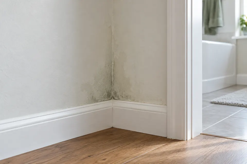 Generated illustration of a damp residential wall corner.