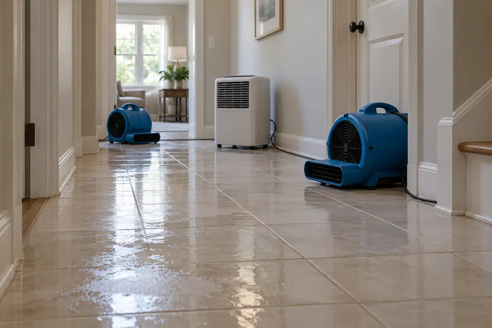 Generated illustration of a wet residential hallway during cleanup.