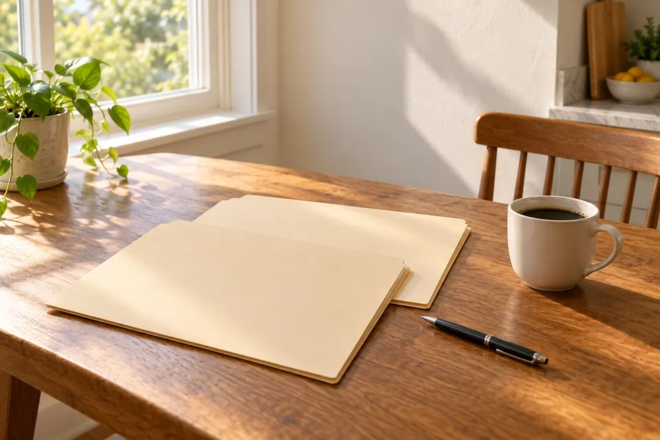 Generated illustration of unmarked work folders in an Anaheim home.